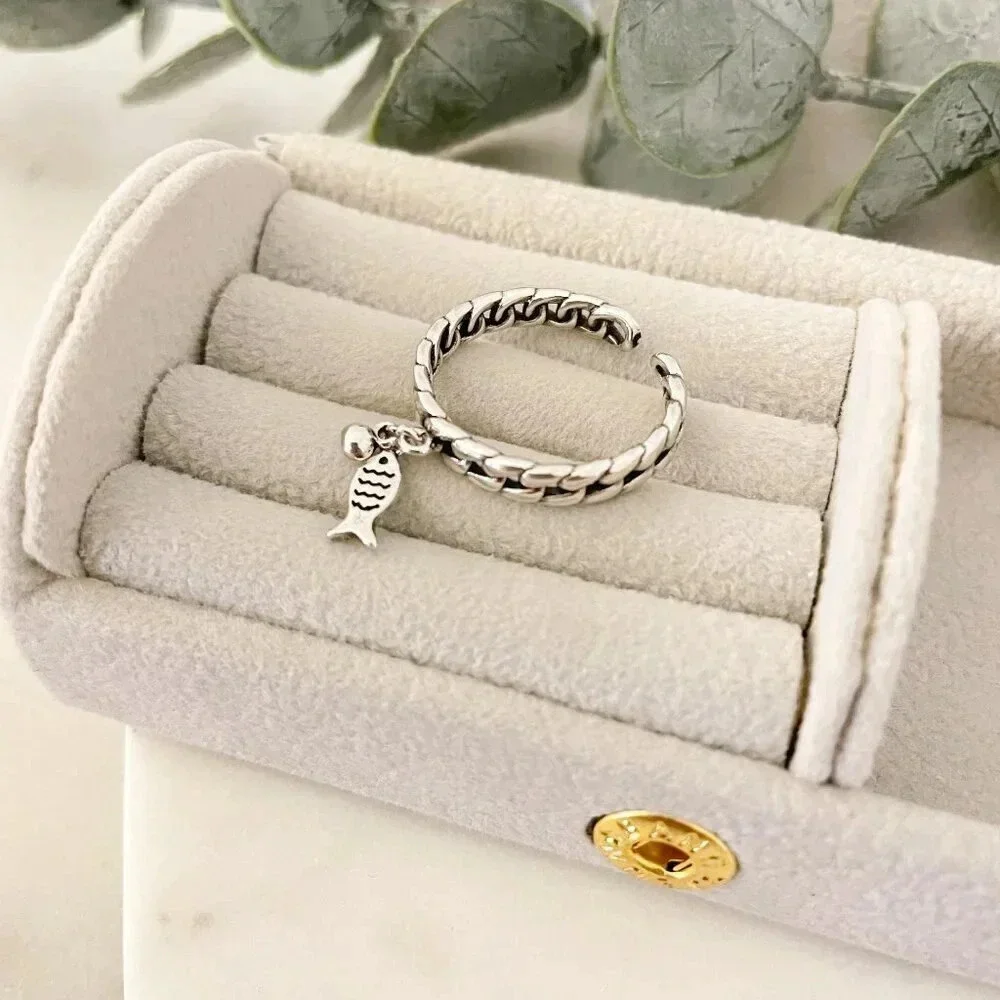 925 Sterling Silver Fish Ring Dangle Fish Ring Dainty Fish Ring Thin Ring Band
